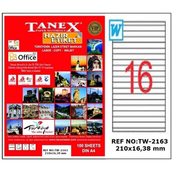 Tanex TW-2163 210mmx16,38mm Etiket 100 Tabaka